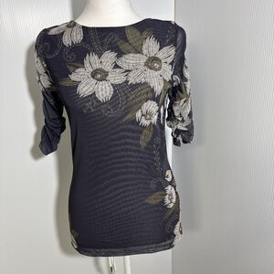 JADE JOHNNY WAS Womens Top Mesh Tee Fitted Feminine Ruched Sleeve Small